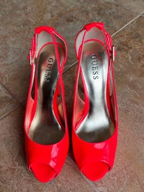 GUESS Neon Patent Peep-Toe Slingback Heels